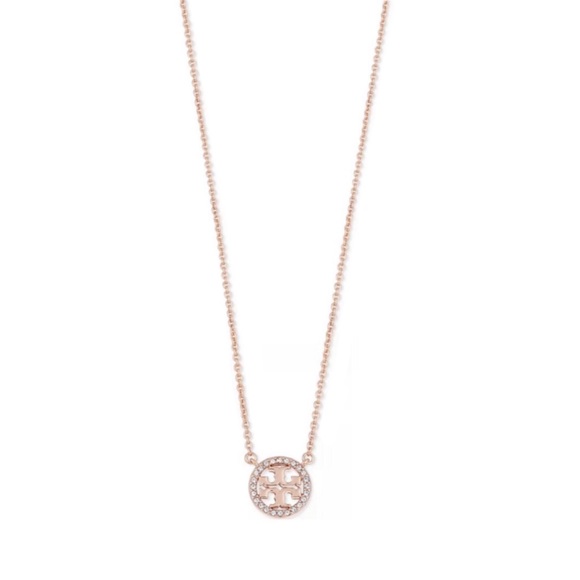 TORY BURCH • Rose Gold Delicate Crystal Logo Miller Necklace - Picture 5 of 9